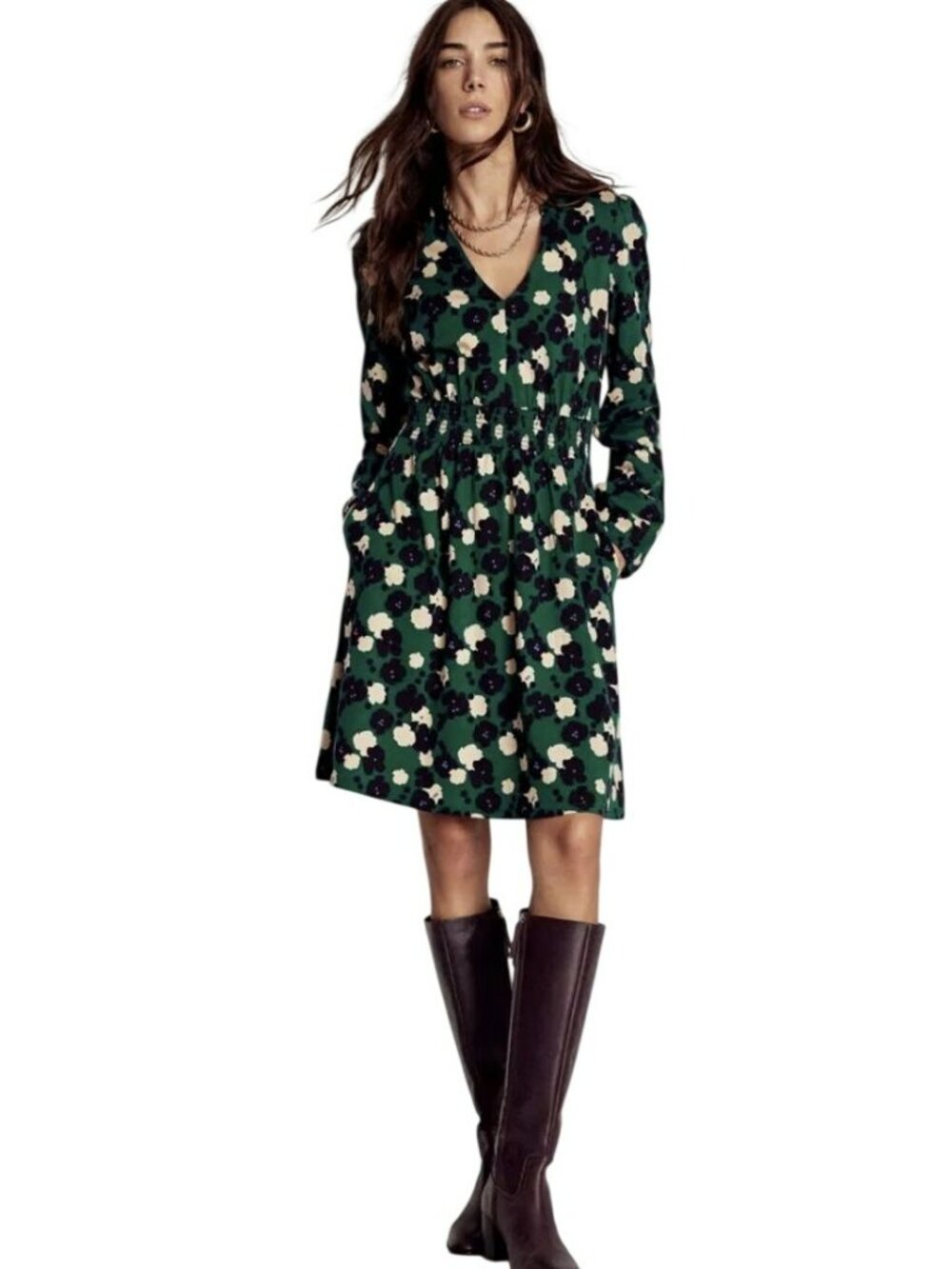 New Boden Green Floral V-Neck Long Sleeve Knee-Length Dress Size 8